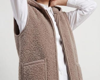 Merino Wool Gilet with Hood - Oak Brown