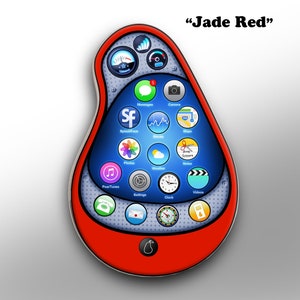 Könnte beinhalten: Ein rotes und silbernes birnenförmiges Smartphone mit einem blauen Bildschirm, auf dem App-Symbole angezeigt werden. Das Telefon hat einen roten Rand und der Text "Jade Red" steht oben. Der Bildschirm zeigt Apps für Nachrichten, Kamera, Karten, Fotos, Wetter und mehr.