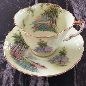 Aynsley Tea Cup and Saucer C493 Bluebell Time Light Green