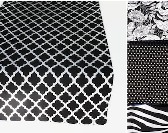 Chemin de table noir et blanc en 8 longueurs et au choix : uni, géométrique, floral, rayé ou à pois
