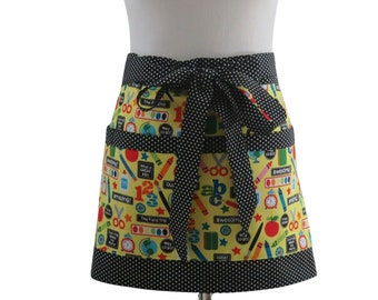 Women's Teacher Half Apron in a Cute School Themed Print with Large Pockets, Personalized Gift for Teacher