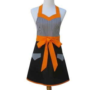 Women's Black, Orange & White Waist Apron with Sweetheart Neckline and Optional Personalization