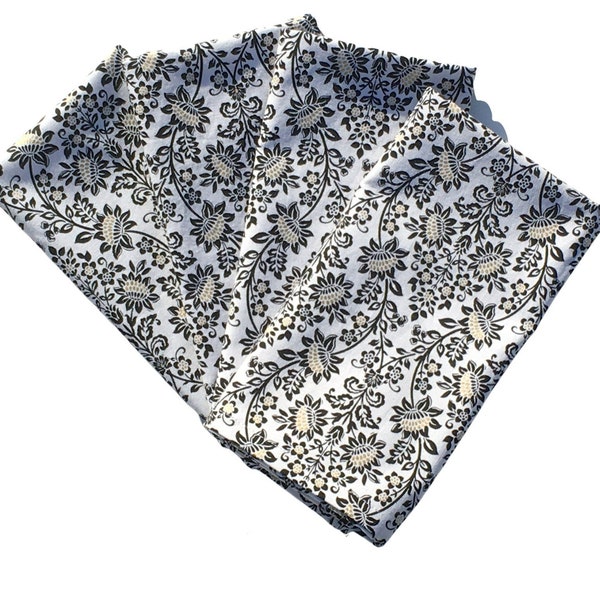 Black, White & Gold Damask Pattern Cloth Napkins, Set of 4 or 6, Black and White Floral Cotton Napkins