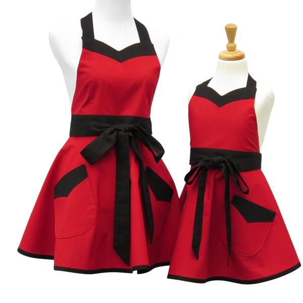 Mother & Daughter Solid Apron Set in 12 Color Options, with Full Retro Style Skirt, Sweetheart Neckline and Optional Personalization