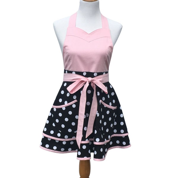 Women's Black & White Polka Dot and Pink Apron with More Color Options, Retro Circle Skirt, Sweetheart Neckline and Optional Personalization