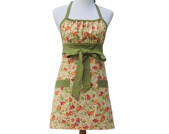 Women's Pretty Fall Apron with Pumpkins & Fall Leaves, for Thanksgiving or Autumn, with a Gathered Bodice and Optional Personalization