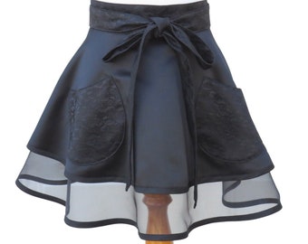 Black Half Apron with a Full Retro Style Skirt and Lace Trim, Dressy Black Hostess Apron for Cocktail or Dinner Parties