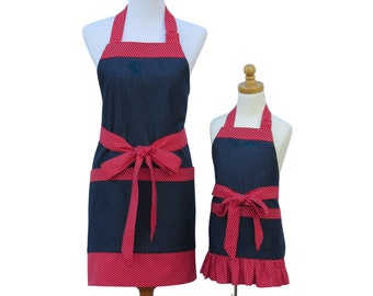 Mother & Daughter Matching Blue Denim Aprons with Red and White Polka Dot Trim, Large Pockets and Optional Personalization