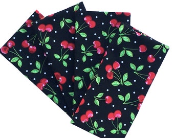 Cherries Cloth Napkins, Black, Red, Green & Polka Dot, Set of 4 or 6, 100% Cotton Fruit Napkins