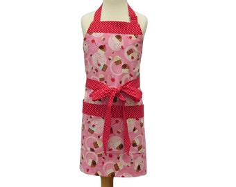 Kid's Pink Cupcake Apron with Polka Dot Trim, Large Pockets and Optional Apron Personalization and Matching Chef Hat