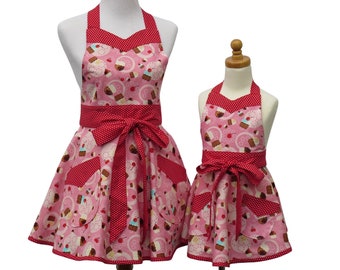 Mother & Daughter Pink Cupcake Aprons, with Polka Dots Trim and Full Retro Style Circle Skirt, Optional Personalization