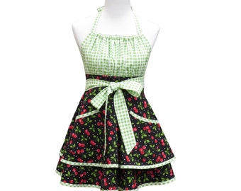 Women's Size Small (2-6). Gingham Cherries Gathered Bib Apron, Retro Style with a Full Circle Skirt