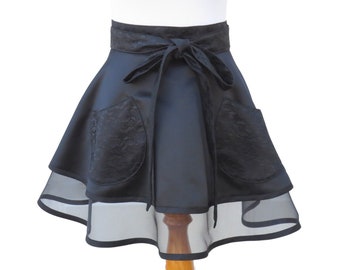 Plus Dressy Black Half Apron with a Full Retro Style Skirt and Lace Trim, for Cocktail or Dinner Parties