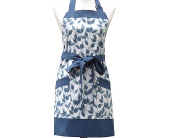 Women's Blue & Gray Apron, in a Vines Leaves Print with Pockets and Optional Personalization
