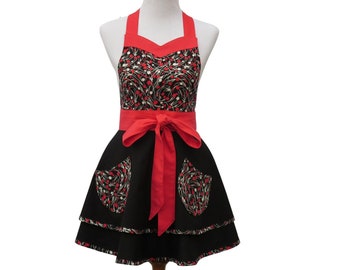 Women's Black, Red & White Apron in a Pretty Swirls Print, Full Retry Style Circle Skirt and Optional Personalization