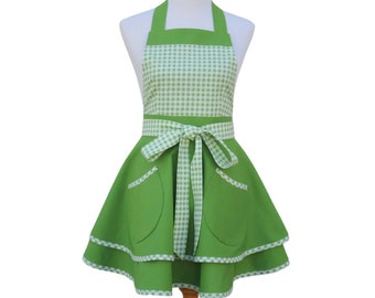 Women's Plus Size Green Retro Style Apron with Green & White Gingham, Full Circle Skirt and Optional Personalization