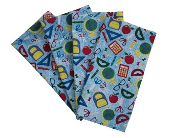 Blue School Supplies Themed Napkins, Set of 4 or 6, 100% Cotton, Cute Teacher Gift