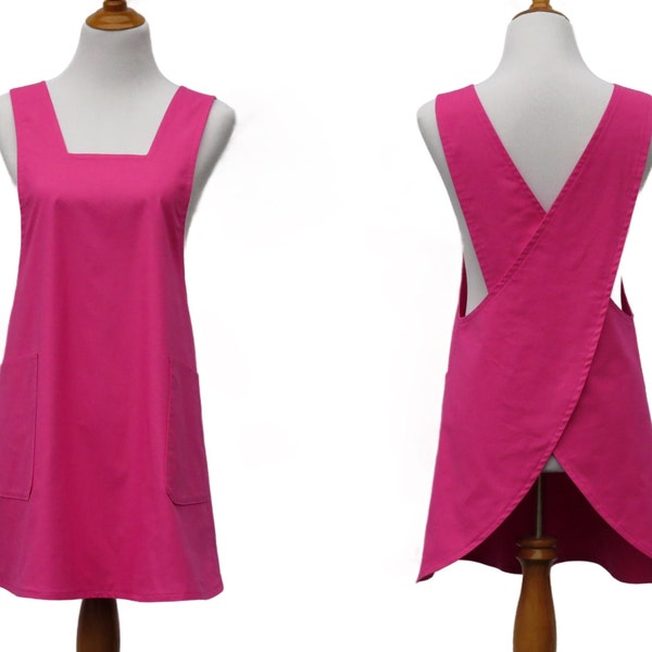 Women's Solid Hot Pink Japanese Apron, with Large Pockets & Optional Personalization, 100% Cotton, in More Colors