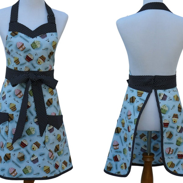 Women's Blue Cupcake Apron with Black & White Polka Dot Trim, Optional Personalization