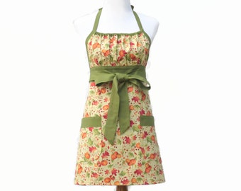 Women's Pretty Fall Apron, Size Small 2-6, with Pumpkins & Fall Leaves, for Thanksgiving or Autumn, with a Gathered Bodice