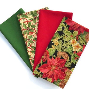 Christmas Cloth Napkins, Set of 4 or 6, in a Choice of Poinsettia or Holly, Solid Red or Solid Green, 100% Cotton