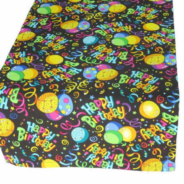 Happy Birthday Cloth Table Runner in 8 Lengths, with Balloons & Streamers, 100% Cotton