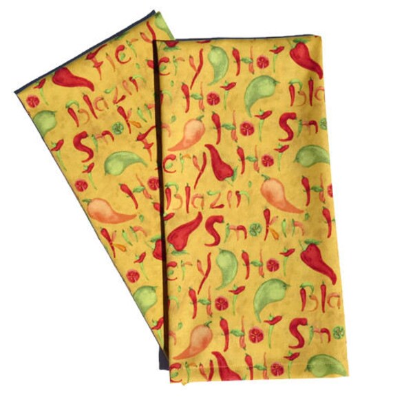 Chili Peppers Tea Towels, Set of 2, 100% Cotton, Yellow, Red & Green