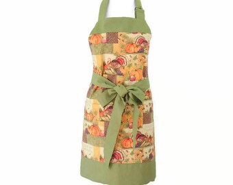 Women's Thanksgiving Apron with Large Pockets in a Pretty Fall Print Featuring Turkeys & Pumpkins, with Optional Personalization