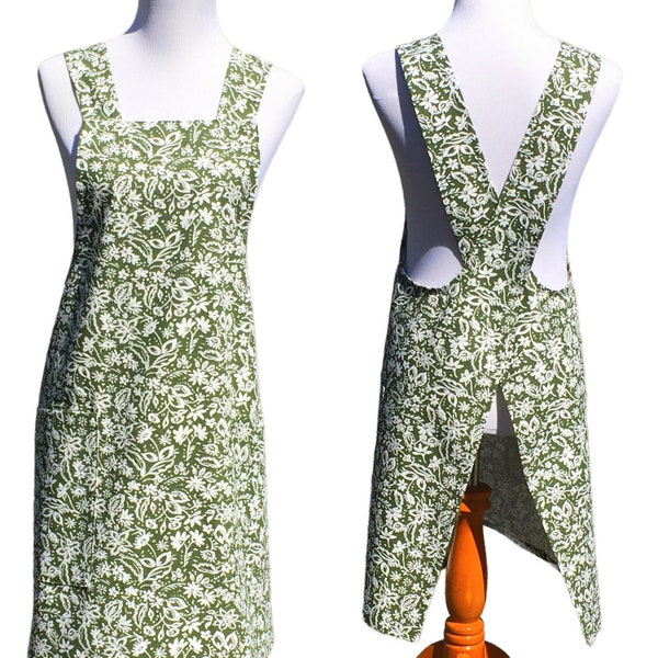 Women's Green & White Floral Japanese Style Apron, Olive Green Cross Back Pinafore, 100% Cotton Canvas