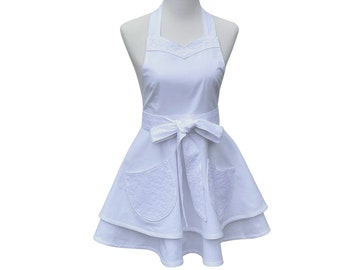 Women's White Retro Apron with Lace Trim, for Bridal Shower or Wedding, Optional Personalization, 100% Cotton