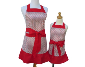 Mother & Daughter Striped Apron Set in a Pretty Blue, Red and White Floral Cotton Print, with Flounced Hem and Optional Personalization