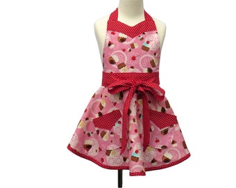 Girl's Pink Cupcake Apron, with Polka Dots Trim, Retro Style with Full Circle Skirt, Optional Matching Chef Hat and Apron Personalization