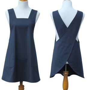 Women's Dark Blue Cross Back Apron, Navy Blue Japanese Style, 100% Cotton, available in a range of sizes and more colors