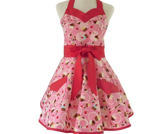 Women's Pink & Red Cupcakes Apron, Retro Style with Full Circle Skirt, Polka Dot Trim, Sweetheart Neckline and Optional Personalization