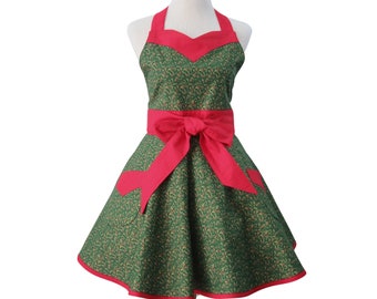 Women's Green & Red Christmas Retro Apron in a Pretty Holly Cotton Print, with Sweetheart Neckline and Optional Personalization