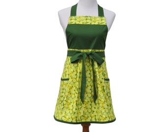 Plus Size Green & Yellow Lemons Apron, with Pleated Front and Optional Personalization