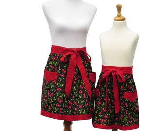 Mother & Daughter Matching Cherries Half Apron Set, with Gathered Waist and Optional Personalization