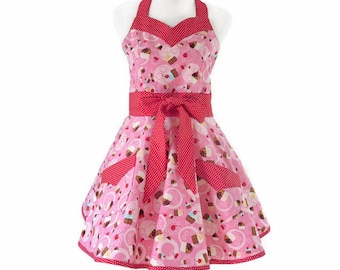 Women's Plus Size Cupcakes Retro Apron in Pink & Red with Optional Personalization