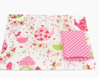 Girl's Tea Party Placemat, Set of 2, in a Cute Pink, Green & White Girly Print, with Optional Matching Polka Dot Napkins
