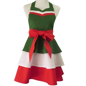 Women's Green White & Red Apron, Italian Colors or Christmas Retro Apron with a Sweetheart Neckline and Optional Personalization