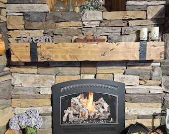 Knotty Alder Floating Mantel, Hand Distressed Fireplace Shelf with Hammered Straps