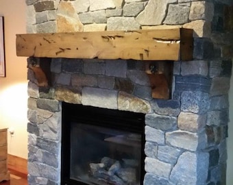 Rustic Knotty Alder Fireplace Mantel, Farmhouse Shelf with Antique Washers