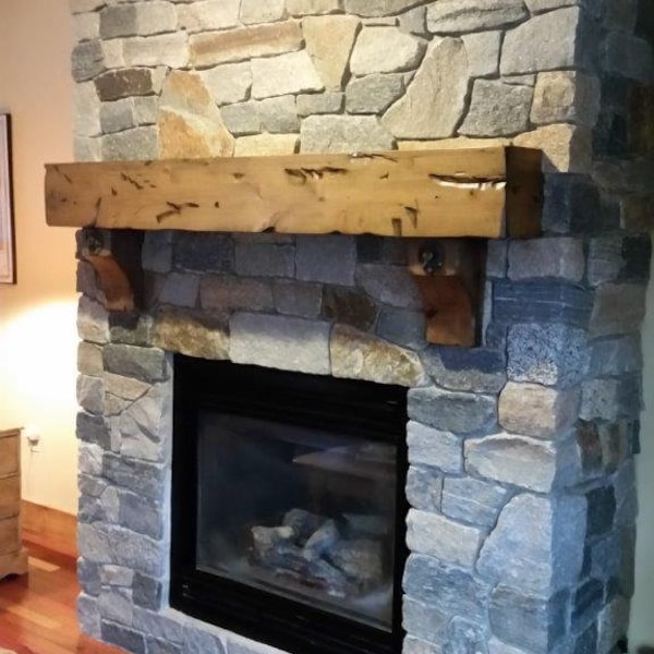 Rustic Fireplace Mantel With Corbels, Antique Washers And Bolts, Knotty Alder Distressed And Glazed - Floating Salvaged "Durango" Design