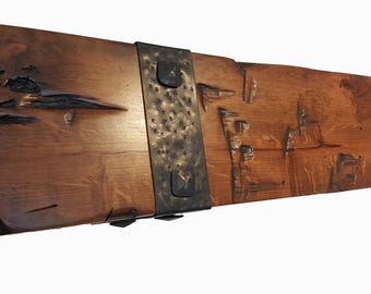 Handmade Distressed Knotty Alder Fireplace Mantel, Hammered Straps