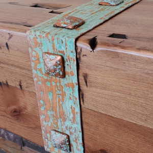 Knotty Alder Fireplace Mantel, Patina Copper Straps & Nails, Hand Hewn Beam