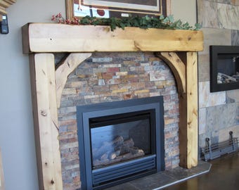 Rustic Knotty Alder Fireplace Mantel, Beam & Brace Design, Custom Sized