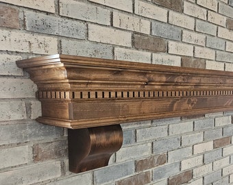 Knotty Alder Fireplace Mantel Shelf, Traditional Crown Dentil Molding