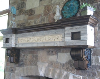 Salvaged Barnwood Fireplace Mantel, Whitewashed Carved Wood, Wrought Iron Corbels