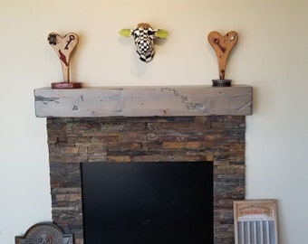 Rustic Knotty Alder Fireplace Mantel, Gray Barnwood Beam (66")