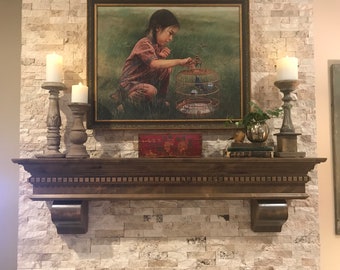 Handmade Knotty Alder Fireplace Mantel, Dark Walnut Stain, Crown Dental Molding